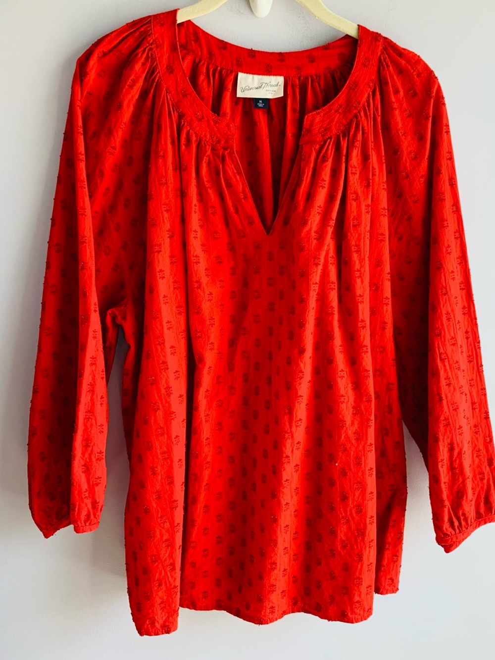 Universal Thread Peasant Top Tomato Red Textured Long Puff Sleeve Cotton EUC XL